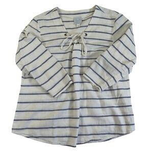 Sunday Linen Cotton Blend Striped Lace Up Top L Coastal Boho Casual 3/4 Sleeve L
